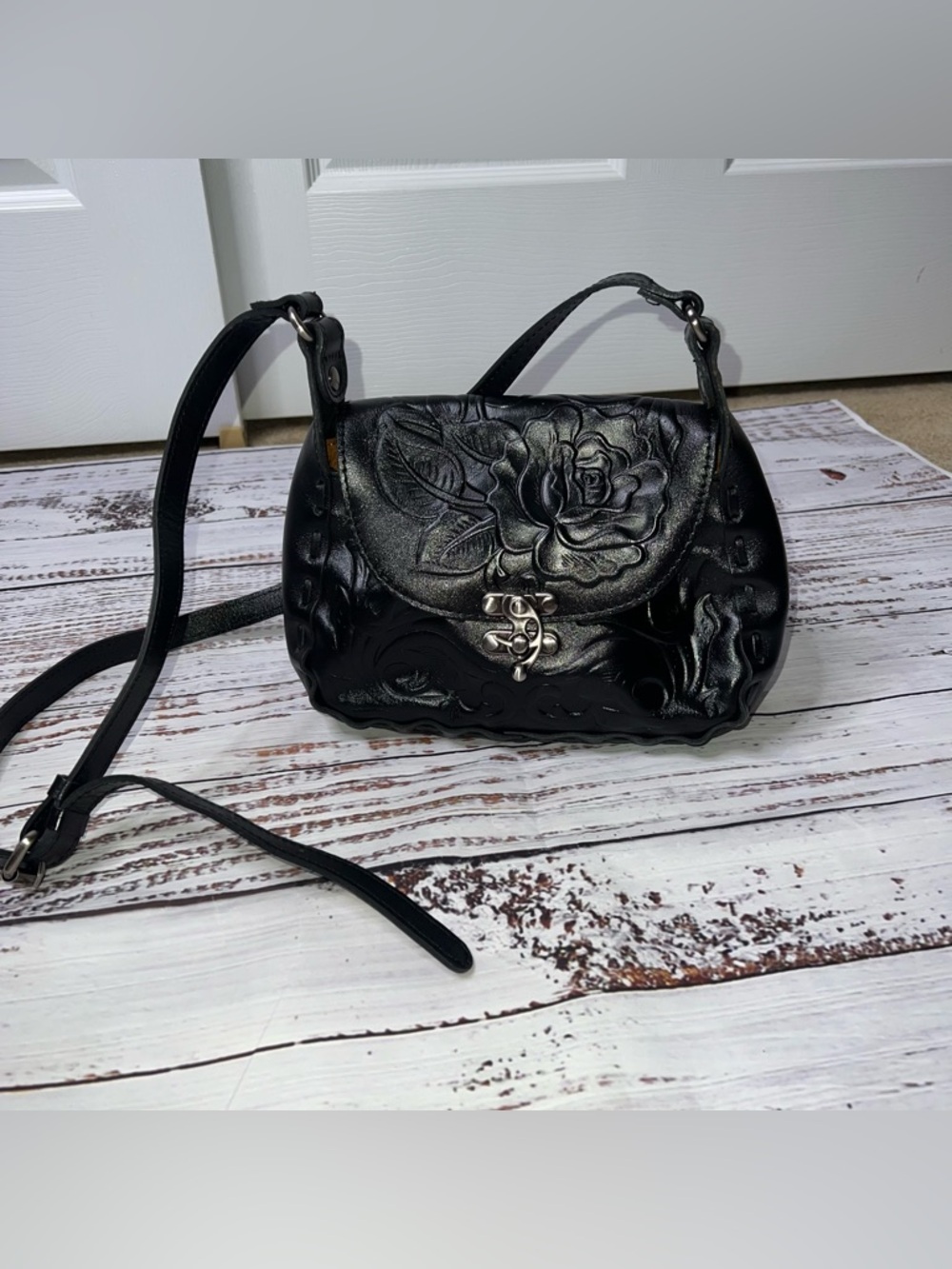 PATRICIA NASH Black Floral Embossed Leather Crossbody Bag